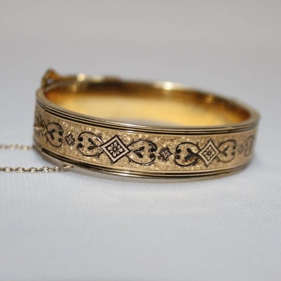 Antique Victorian Gold Filled Enamel Taille D'Epargne Buckle Bangle Bracelet - Picture 8 of 8